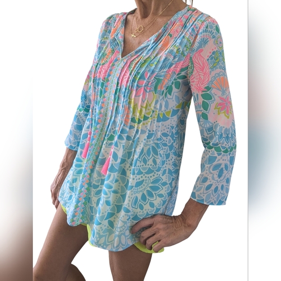 Lilly Pulitzer Marilina Tunic Neon Multicolor Flowy Drawstring Top Size XXS - Picture 3 of 9